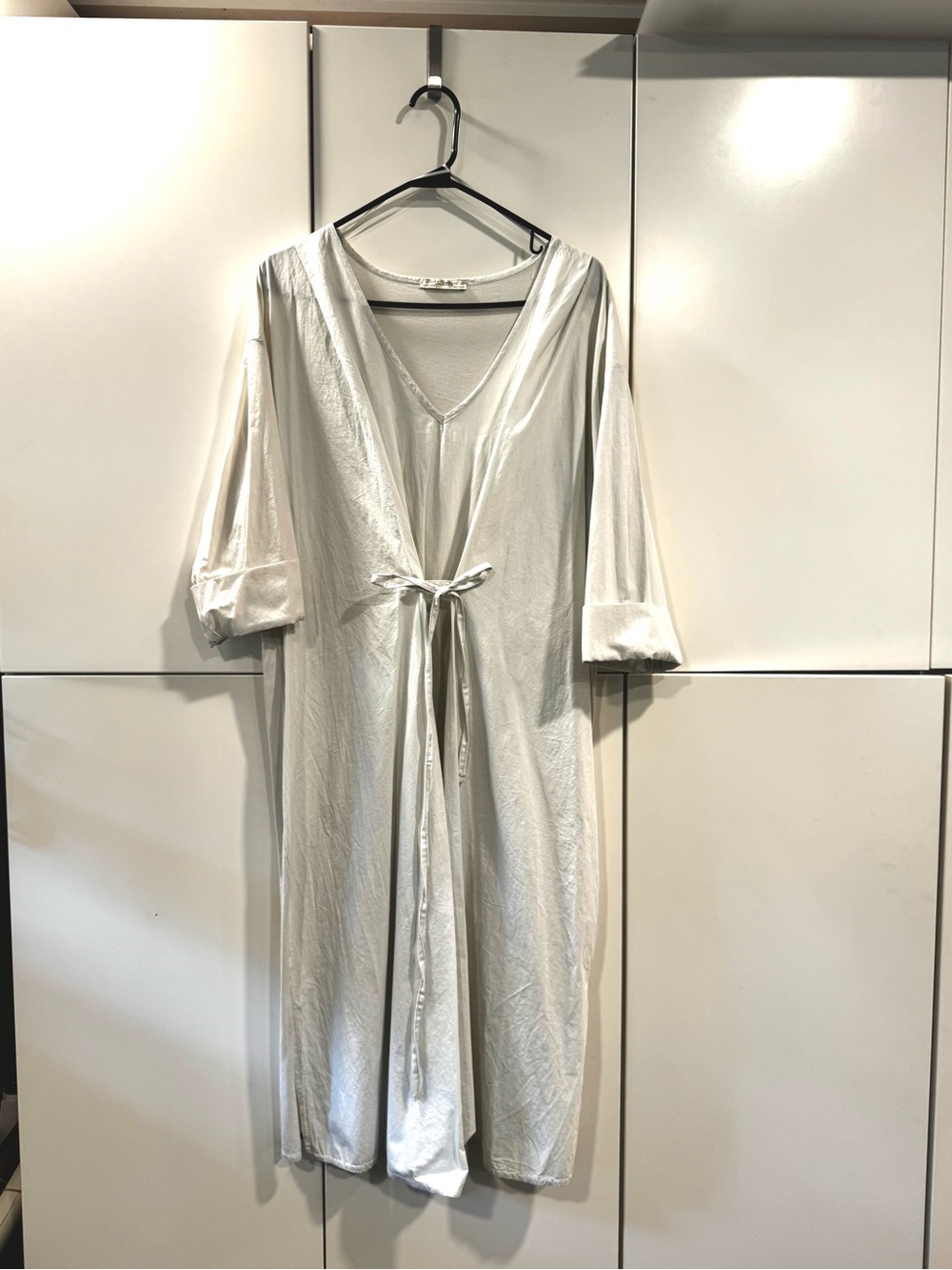 EUC Zara Pale White Grey Midi Tie-Front Tunic Dress szS